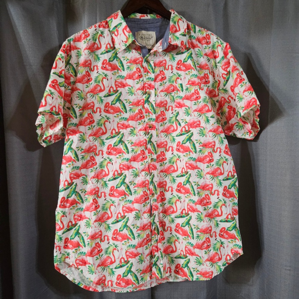 Straight Faded Men Large Flamingo Tropical Print Cotton Short Sleeve Button Down